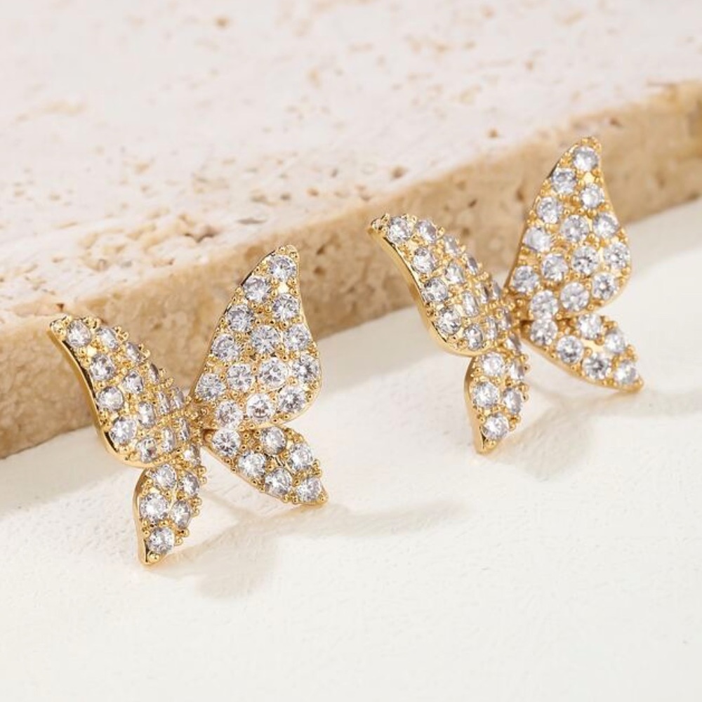 14k Gold Plated Pave Cz Gem Crystal Gemstone Butterfly Stud Studs Earrings